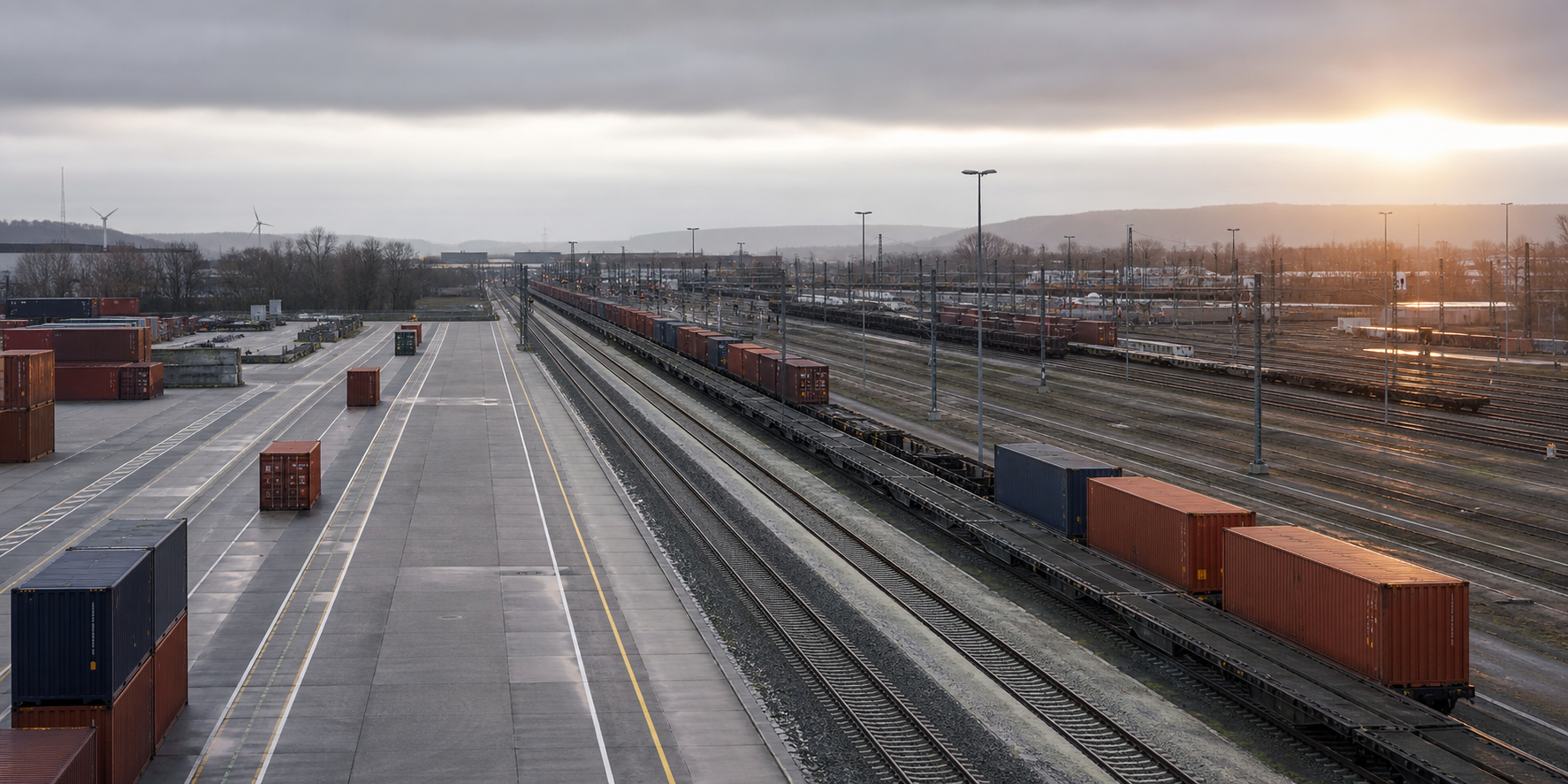 Freight rail terminal and container logistics at dusk