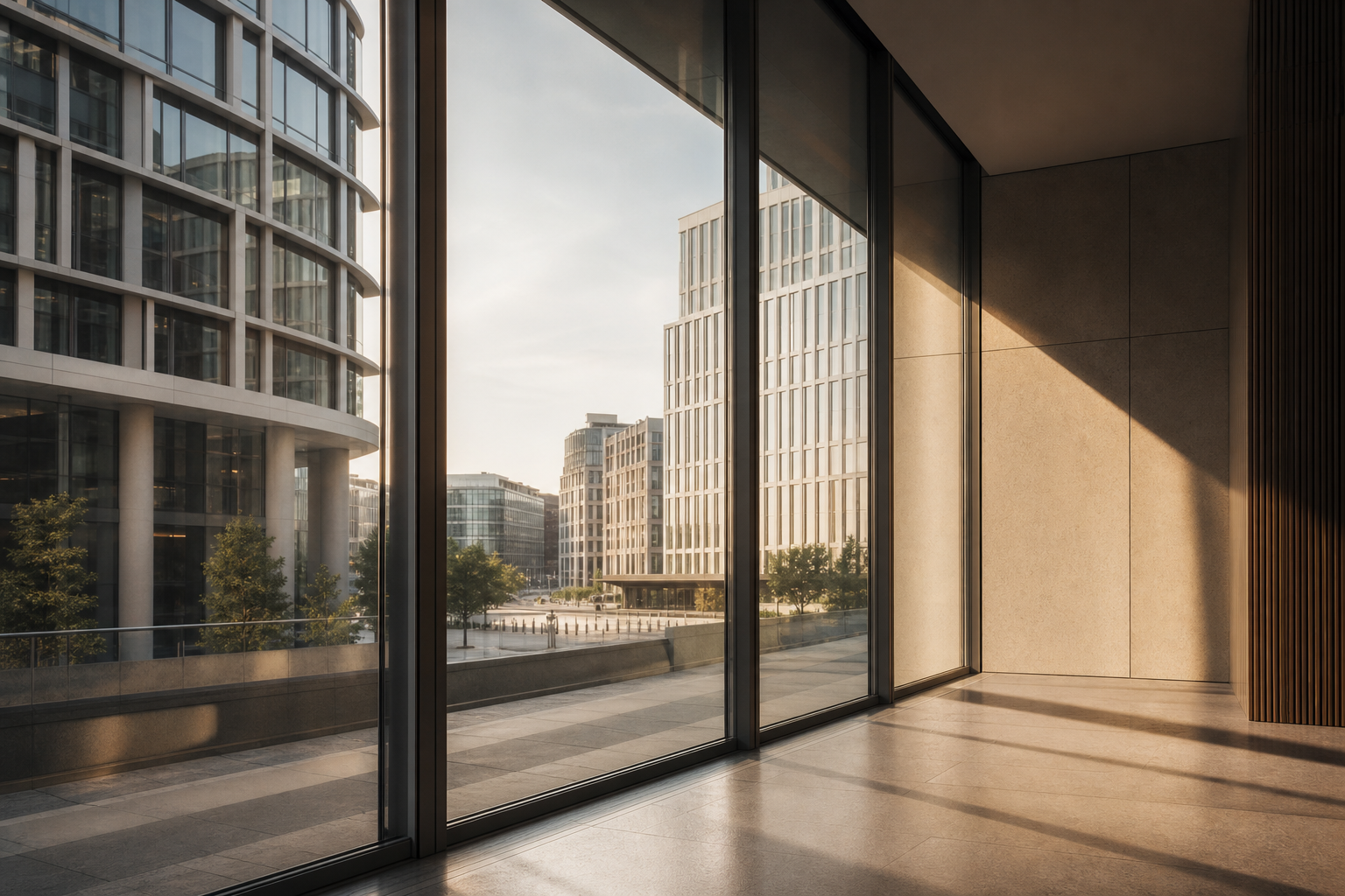 Modern office architecture viewed through tall windows